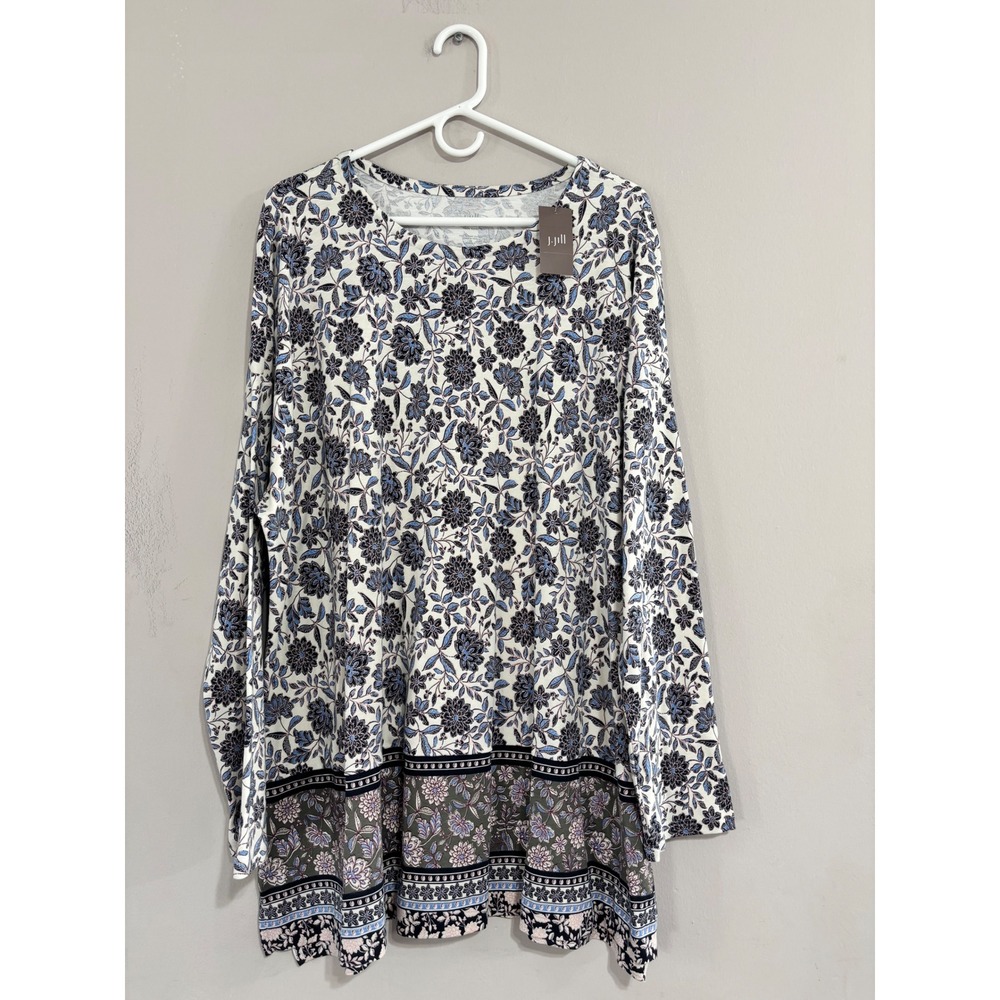 J. Jill Simply Supima Crew Neck Tunic Navy Blue Floral Border Print 3X NWT